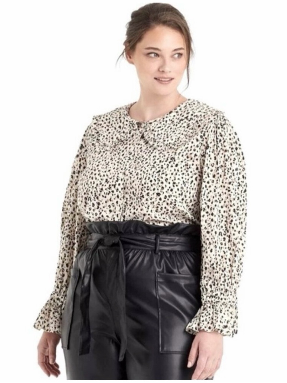 Women's Cream Leopard Print Blouse with Peter Pan Collar- Cotton Blend